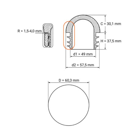 Tapón semiesférico para tubos redondos 60,3 contera semiesférica para tubo 60,3 EMFA GmbH