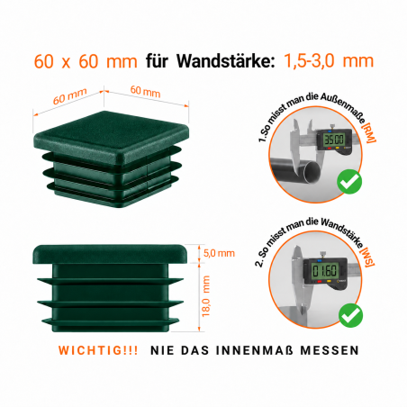 Tapas cuadradas para perfiles de acero 60x60 mm color Verde Tapones cuadrados para cajas de acero de 60x60 mm. Tapones cuadrados Verde, tapones de plástico, tapones de EMFA.