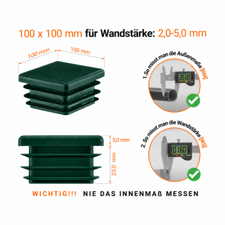 Tapones cuadrados para cajas de acero de 100x100 mm. Tapones cuadrados Verde, tapones de plástico, tapones de EMFA.