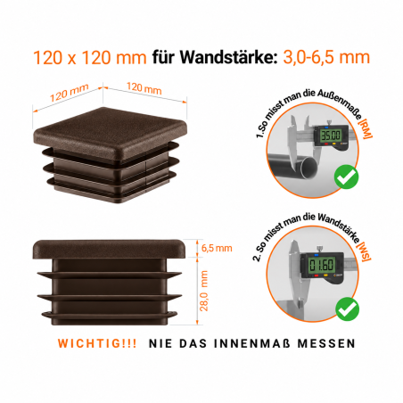 Tapones cuadrados para cajas de acero de 120x120 mm. Tapones cuadrados Marrón, tapones de plástico, tapones de EMFA.