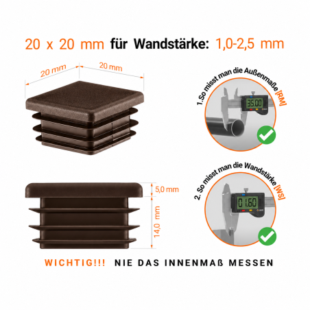 Tapones cuadrados para cajas de acero de 20x20 mm. Tapones cuadrados Marrón, tapones de plástico, tapones de EMFA.
