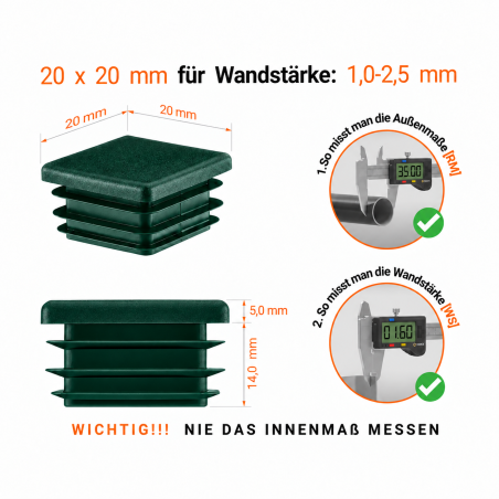 Tapones cuadrados para cajas de acero de 20x20 mm. Tapones cuadrados Verde, tapones de plástico, tapones de EMFA.