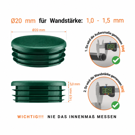Tapón de plástico Verde para tubo redondo de 20 mm. Tapones de plástico para tubos, insertos para tubos redondos, tapones de plá