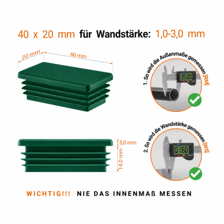 Tapones rectangulares para cajas de acero de 20x40 mm. Tapones rectangulares Verdes, tapones de plástico, tapones de EMFA.