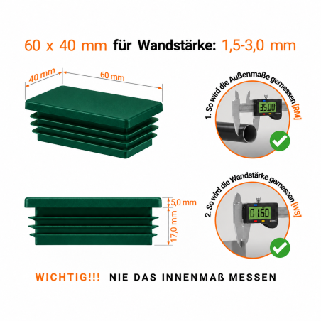 Tapones rectangulares para cajas de acero de 40x60 mm. Tapones rectangulares Verdes, tapones de plástico, tapones de EMFA.