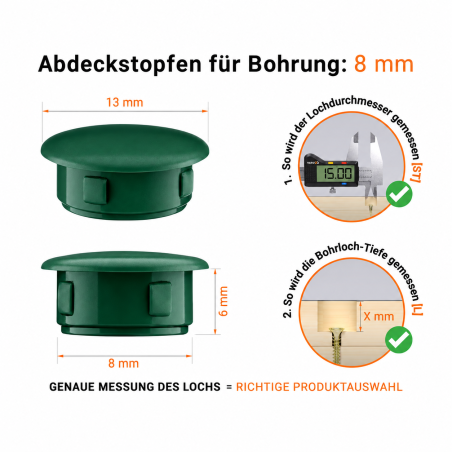 Tapón de cobertura para agujeros de taladro 13x8 mm Verde Tapón de plástico 13x8 mm Verde, ¡10 años de garantía!