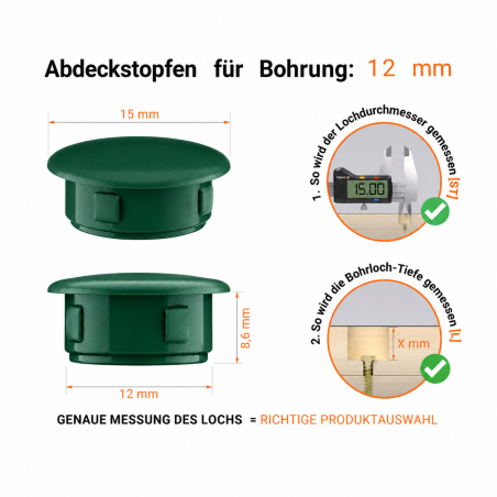 Tapón de cobertura para agujeros de taladro 15x12 mm Verde Tapón de plástico 15x12 mm Verde, ¡10 años de garantía!