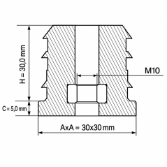 Tapón cuadrado reforzado con inserto metálico roscado 30x30 mm M10 Negro