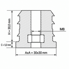 Tapón cuadrado reforzado con inserto metálico roscado 30x30 mm M8 Negro