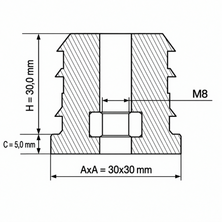 Tapón cuadrado reforzado con inserto metálico roscado 30x30 mm M8 tapón para perfil cuadrado 30x30 EMFA GmbH