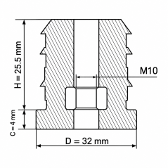 Tapón roscado para tubos redondos con inserto metálico 32 mm M10 Negro