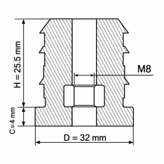 Tapón roscado para tubos redondos con inserto metálico 32 mm M8 Negro