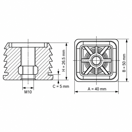 Tapón rectangular con inserto metálico roscado 40x50 mm M10 inserto roscado rectangular 40x50 EMFA GmbH
