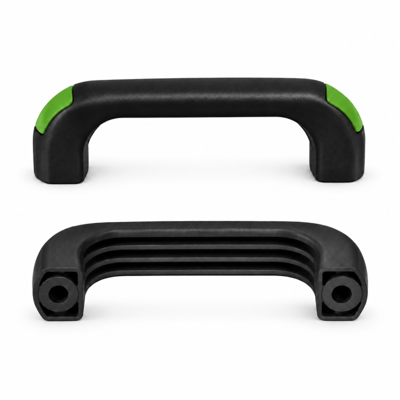 Asa de puente con orificios pasantes y tapones enrasados 120 mm - d 8,5 mm - asa negra - tapones Verde claro