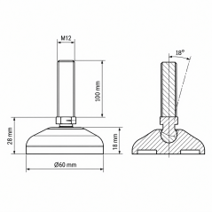 Pie nivelador articulado reforzado Ø60 M12x100 Negro