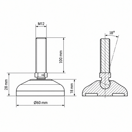 Pie nivelador articulado reforzado Ø60 M12x100 pata EMFA GmbH