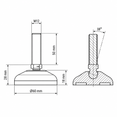 Pie nivelador articulado reforzado Ø60 M12x50 Negro
