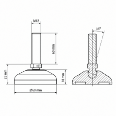Pie nivelador articulado reforzado Ø60 M12x60 Negro
