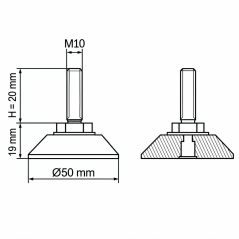 Pie nivelador articulado cromado Ø50 M10x20 Efecto cromo