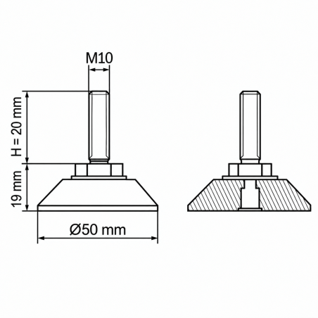 Pie nivelador articulado cromado Ø50 M10x20 pata EMFA GmbH