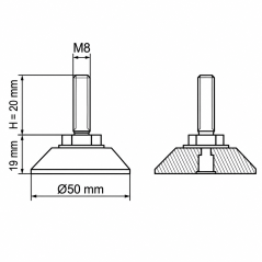 Pie nivelador articulado cromado Ø50 M8x20 Efecto cromo