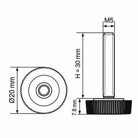 Pie regulable moleteado Ø20 M5x30 - FI20 Negro Pie regulable moleteado Ø20 M5x30 - FI20 nivelador EMFA GmbH
