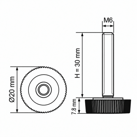 Pie regulable moleteado Ø20 M6x30 - FI20 nivelador EMFA GmbH