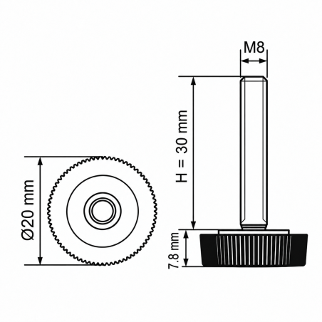 Pie regulable moleteado Ø20 M8x30 - FI20 nivelador EMFA GmbH