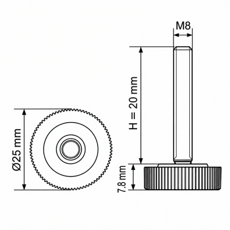 Pie regulable moleteado Ø25 M8x20 - FI25 Negro Pie regulable moleteado Ø25 M8x20 - FI25 nivelador EMFA GmbH