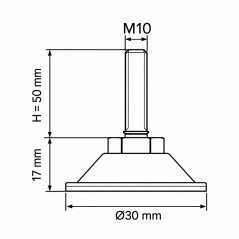 Pie regulable articulado metálico M10x50 - FI30 Plateado
