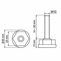 Pie regulable Ø30 hexagonal M10x30 Negro
