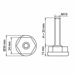 Pie regulable Ø30 hexagonal M10x35 Negro