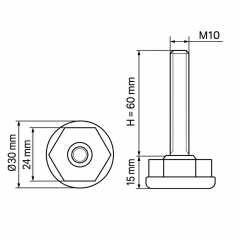 Pie regulable Ø30 hexagonal M10x60 Negro