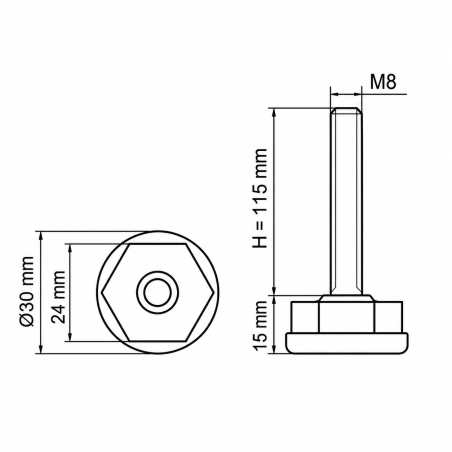 Pie regulable Ø30 hexagonal M8x115 Negro Pie regulable Ø30 hexagonal M8x115 pata niveladora EMFA GmbH