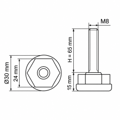 Pie regulable Ø30 hexagonal M8x65 Negro