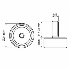 Pie regulable en altura Ø34 M8x35 - FI34 Negro