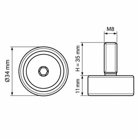 Pie regulable en altura Ø34 M8x35 - FI34 Negro Pie regulable en altura Ø34 M8x35 - FI34 nivelador EMFA GmbH