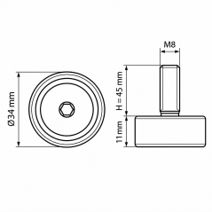 Pie regulable en altura Ø34 M8x45 - FI34 Negro