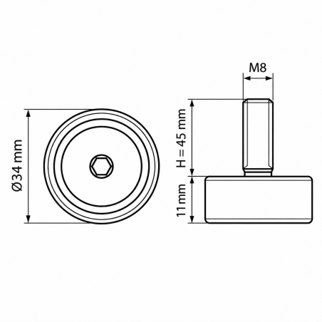 Pie regulable en altura Ø34 M8x45 - FI34 Negro Pie regulable en altura Ø34 M8x45 - FI34 nivelador EMFA GmbH