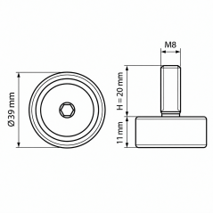 Pie regulable en altura Ø39 M8x20 - FI39 Negro