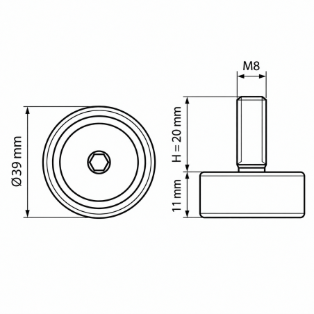 Pie regulable en altura Ø39 M8x20 - FI39 Negro Pie regulable en altura Ø39 M8x20 - FI39 nivelador EMFA GmbH
