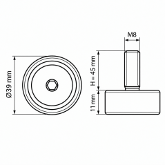 Pie regulable en altura Ø39 M8x45 - FI39 Negro