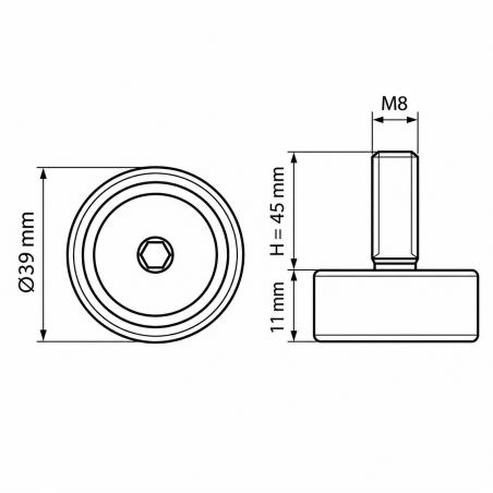 Pie regulable en altura Ø39 M8x45 - FI39 Negro Pie regulable en altura Ø39 M8x45 - FI39 nivelador EMFA GmbH