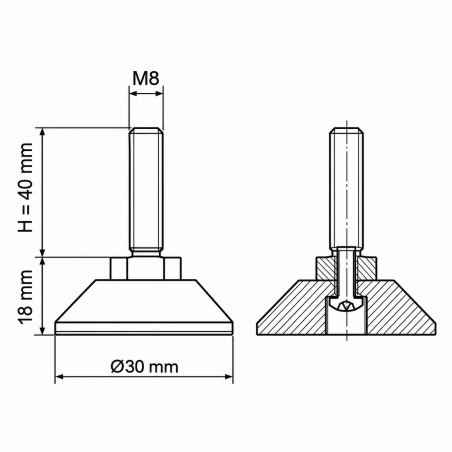 Pie regulable articulado atornillado M8x40 - FI30 pata EMFA GmbH