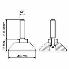 Pie regulable articulado atornillado M8x20 - FI40 Negro