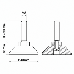 Pie regulable articulado atornillado M8x30 - FI40 Negro