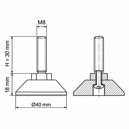 Pie regulable articulado atornillado M8x30 - FI40 pata EMFA GmbH