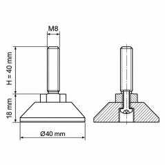 Pie regulable articulado atornillado M8x40 - FI40 Negro