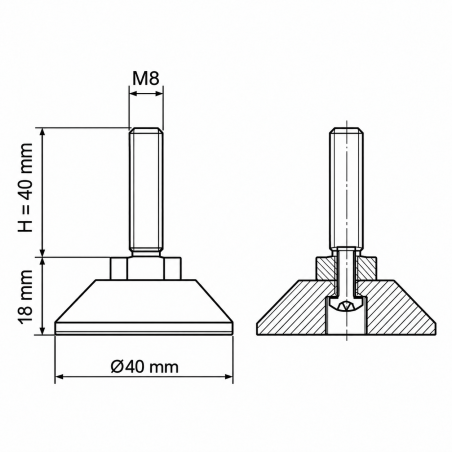 Pie regulable articulado atornillado M8x40 - FI40 pata EMFA GmbH