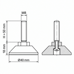Pie regulable articulado atornillado M8x50 - FI40 Negro